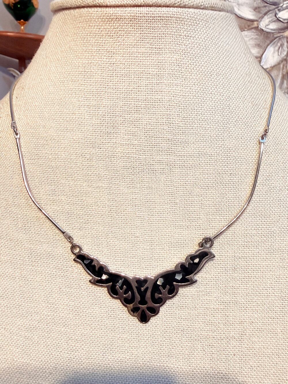 18" Silver Tone Black Scrollwork Statement Necklace
